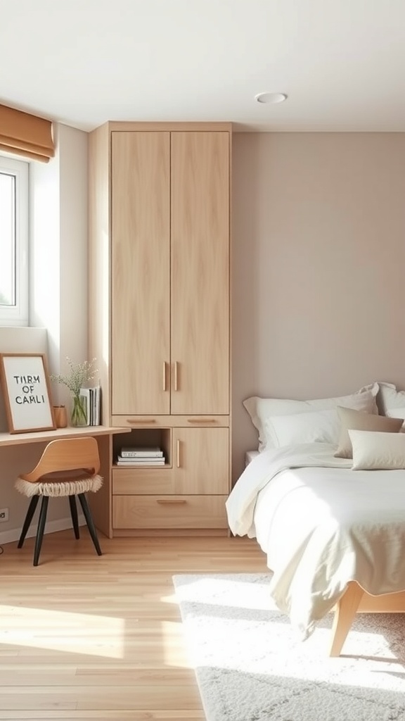 Scandinavian bedroom featuring built-in storage and a minimalist design