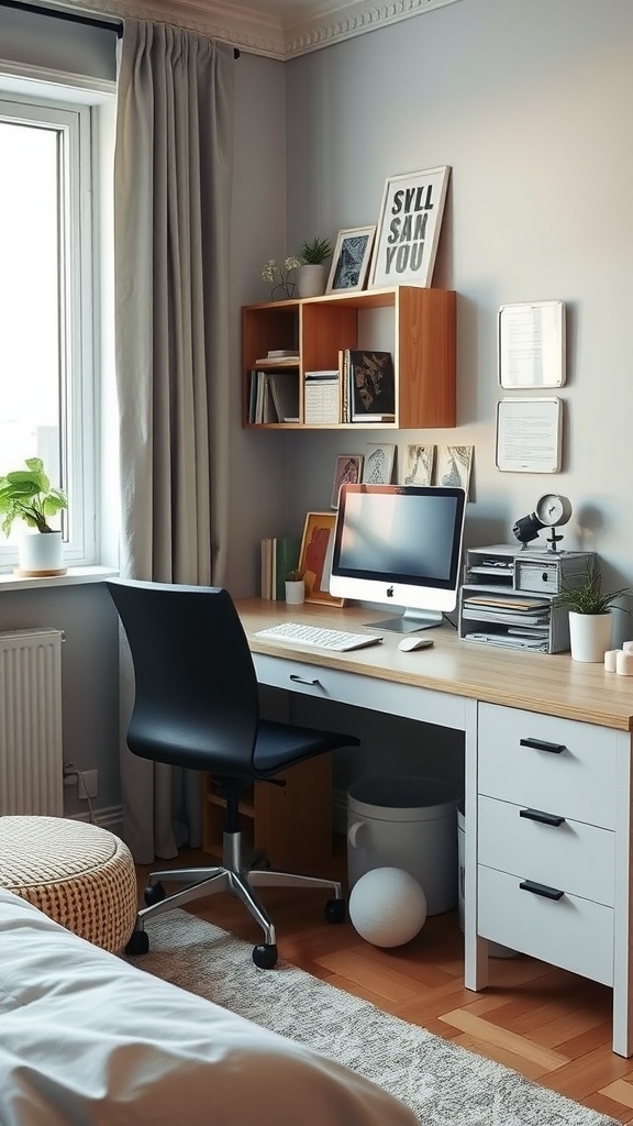 A Scandinavian-style bedroom workspace featuring a tidy desk, a computer, and decorative items.