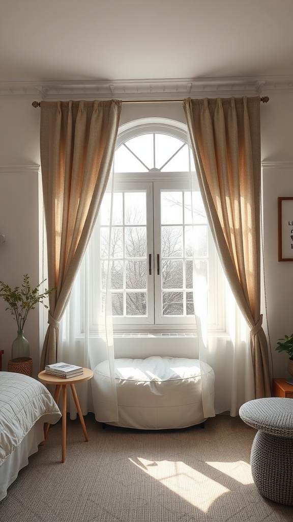 Scandinavian bedroom with light curtains and natural light