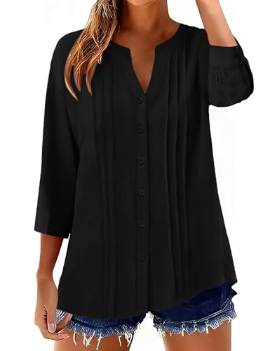 Micoson Womens 3/4 Sleeve Tops Cotton Linen Button Down Shirts review
